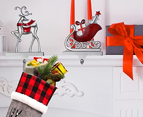 Christmas Stocking Holders Set of 4 Reindeer & Sled Car Hooks Mantle Fireplace Decor