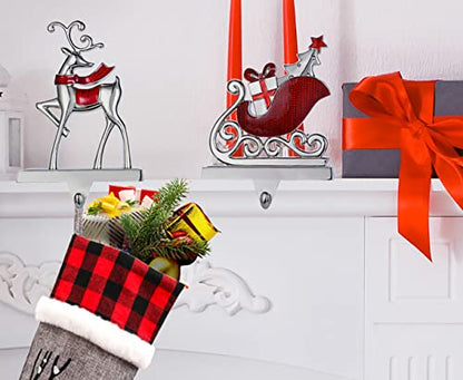 Christmas Stocking Holders Set of 4 Reindeer & Sled Car Hooks Mantle Fireplace Decor