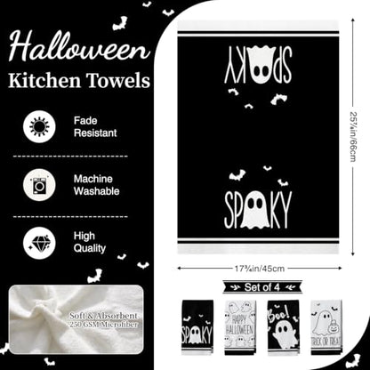 Halloween Kitchen Towels Set with Ghost Prints - 4 Pack, 18 x 26 in, Black & White