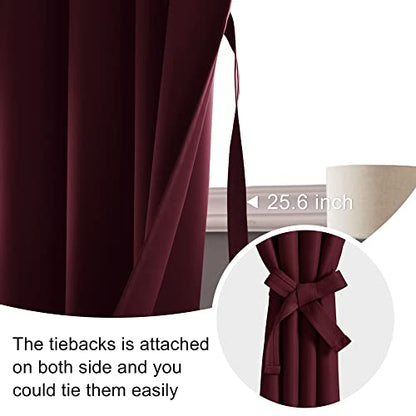 Burgundy Blackout Curtains for Bedroom - Thermal Insulated Room Darkening Noise Reducing, 52 x 63 Inch Set of 2 Panels with Tiebacks