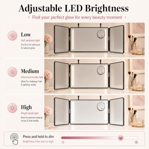 3 Way Makeup & Hair Styling Mirror with 10X Magnifier, LED Lighting, Adjustable Hooks
