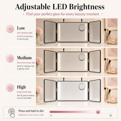 3 Way Makeup & Hair Styling Mirror with 10X Magnifier, LED Lighting, Adjustable Hooks