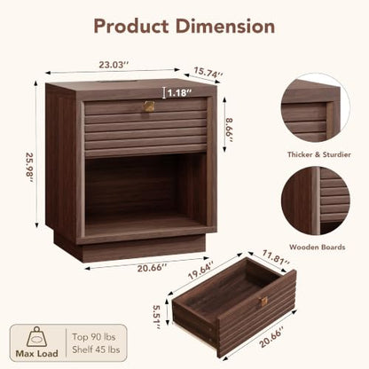 Fluted Nightstands Set of 2 with Charging Station & Drawer, Walnut – 23" Wide Bedside Tables
