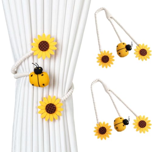 Sunflower Curtain Tiebacks with Ladybug Accent - 2 Pack, No Drill, Yellow