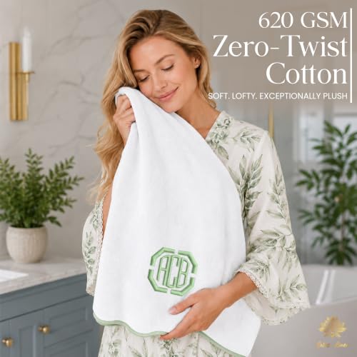 Sage Green Piping Monogrammed Bath Towels Set of 2 - Scallop Edged Cotton