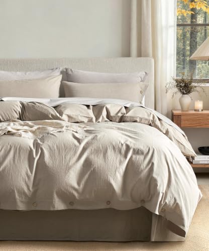 JELLYMONI 100% Washed Cotton Duvet Cover Queen - Khaki Beige Linen-Like