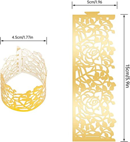 Disposable Rose Flower Napkin Rings Set of 100 - Gold Laser Cut Foil Table Decor for Weddings & Parties