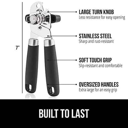 GORILLA GRIP Heavy Duty Stainless Steel Smooth Edge Manual Can Opener, Soft Comfortable Handle, Large Handheld Turn Knob, Built-In Bottle Openers, US Designed, Holiday Prep Kitchen Essential, Black