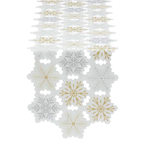 Holiday Christmas Table Runner Snowflakes Embroidered 14x54 Silver Gold