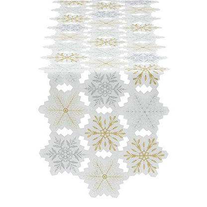 Holiday Christmas Table Runner Snowflakes Embroidered 14x54 Silver Gold