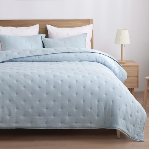 Blue King Quilt Set - Lightweight Soft Bedspread with Pillow Shams - Blue Stitch