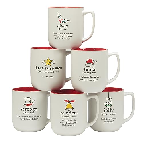 Christmas Fun Red Sayings 16 oz. Ceramic Mug Set of 6 with Variations - Holiday Drinking Cups
