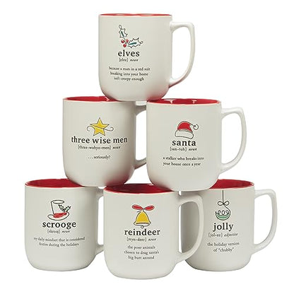 Christmas Fun Red Sayings 16 oz. Ceramic Mug Set of 6 with Variations - Holiday Drinking Cups