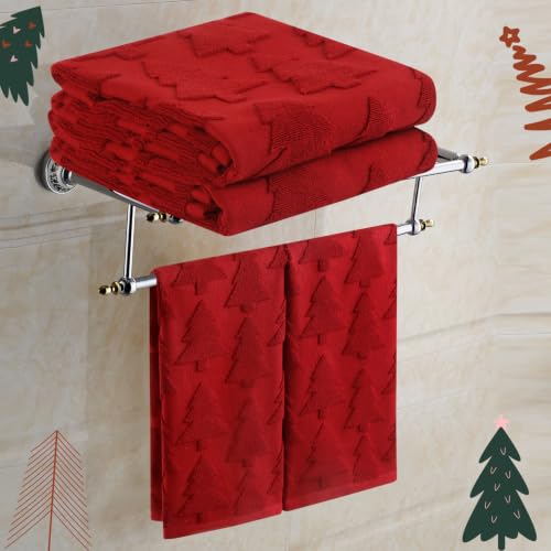 Christmas Hand Towels Set - Red Tree Pattern, 2 Pack, Cotton Bathroom Decor