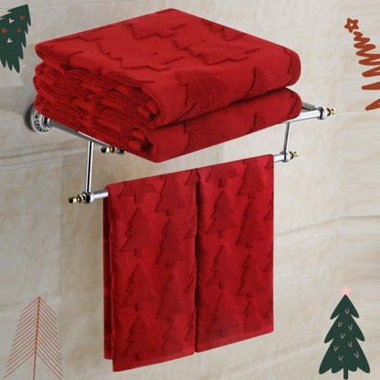 Christmas Hand Towels Set - Red Tree Pattern, 2 Pack, Cotton Bathroom Decor