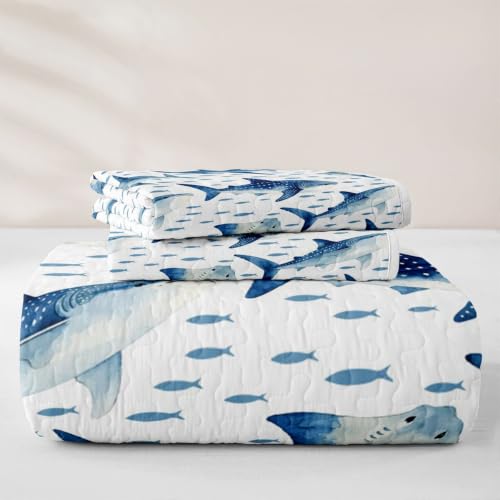 Twin Size Blue Shark and Stingray Quilt Set - Ocean Animal Bedspread for Kids, Blue & White