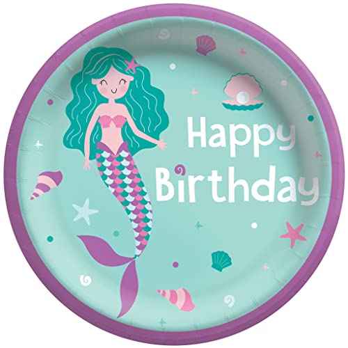 Stunning "Happy Birthday" Mermaid Design Round Plates (Pack of 8) - 8.5" - Green & Purple Paper Plates - Perfect for Princess Themed Parties & Events