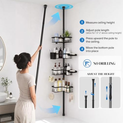 Corner Shower Caddy Tension Pole 4-Tier Rustproof Bathroom Organizer - Black