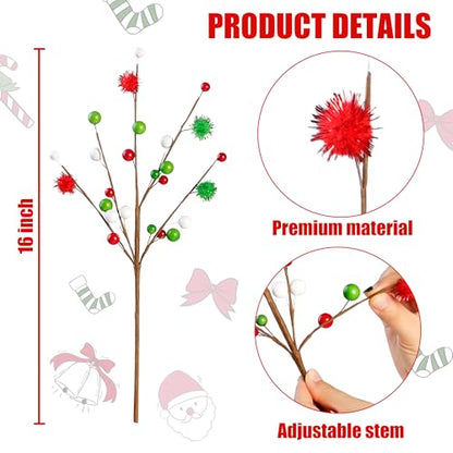 Artificial Berry Stems - 6 Pieces, 16 Inch Christmas Tree Picks, Red Green White, Holiday Decor