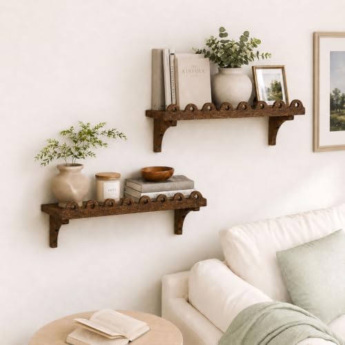 Scalloped Wood Wall Shelves Set of 2 - Rustic Floating Shelves for Living Room Bedroom Kitchen