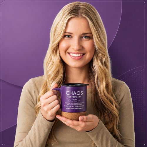 Purple Ceramic Mug with Lid and Cork Bottom - Chaos Coordinator Gift Set (3 Pieces)
