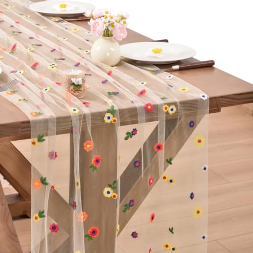 Flower Table Runner Daisy Embroidered Wedding Decor Champagne 4