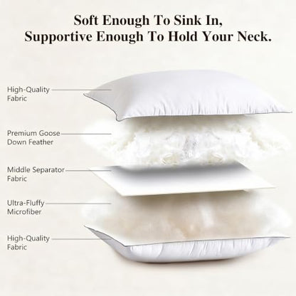 Queen Size Goose Down Pillow Set of 2 - White, Dual-Side Support and Plush Comfort