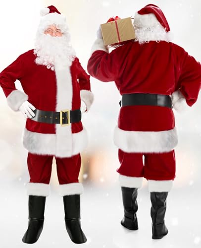 Deluxe Velvet Santa Claus Costume for Men - Dark Red, XX-Large, 9-Piece Set