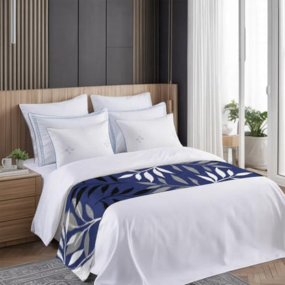 King Size Navy Blue Grey Botanical Bed Runner 94x20 Inches Tropical Foliage Decor