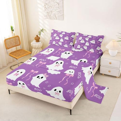 Kids Bed Sheets Full Size Ghost Themed Bedding Set Purple Pink White 44 Inch