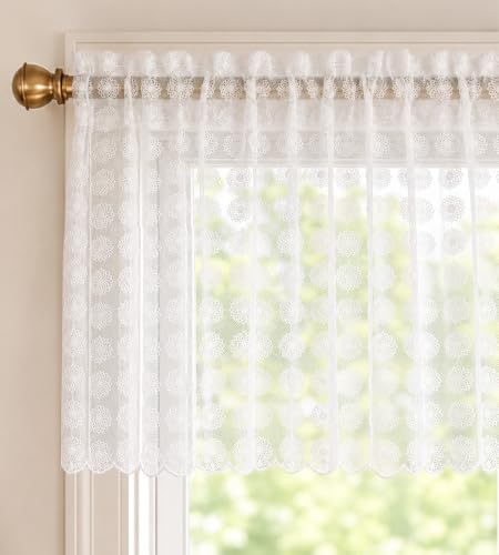 White Gingham Floral Lace Sheer Valance for Windows 52x18 - Light Filtering