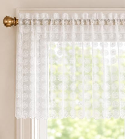 White Gingham Floral Lace Sheer Valance for Windows 52x18 - Light Filtering