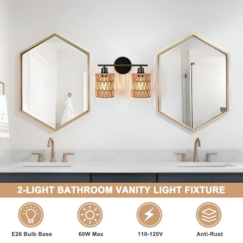 Merbotin 2 Light Rattan Vanity Light Boho Vanity Lighting Fixture Woven Bathroom Vanity Wall Light Coastal Tropical Bathroom Light, Rustic Natural Style Wall Mount Light for Bedroom Kitchen