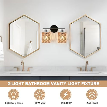 Merbotin 2 Light Rattan Vanity Light Boho Vanity Lighting Fixture Woven Bathroom Vanity Wall Light Coastal Tropical Bathroom Light, Rustic Natural Style Wall Mount Light for Bedroom Kitchen