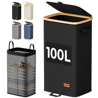 100L Laundry Hamper with Lid Black - Large Clothes Storage Bin with Removable Bag & Foot Loop