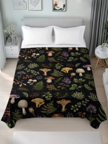 Queen Flat Sheet Mushroom Leaves Microfiber Bed Sheets with Variations - Espresso Brown, Sage Green, Ochre, Tan