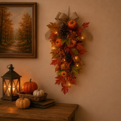 Pre-Lit Fall Teardrop Swag with Pumpkin & Maple Leaves - Autumn Decor