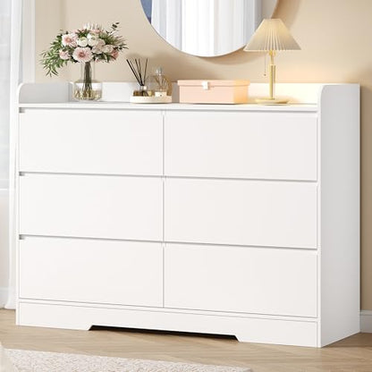 White Dresser with 6 Drawers - Modern 6-Drawer Bedroom Chest | Anti-Tip, MDF