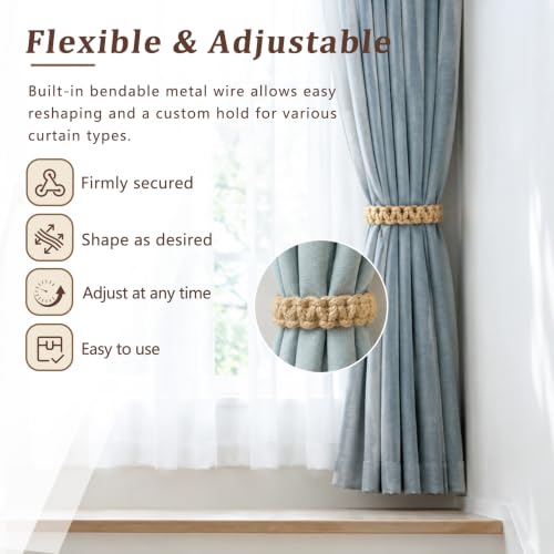 8 PCS Boho Braided Curtain Tiebacks Rustic Brown Natural Rope Home Decor