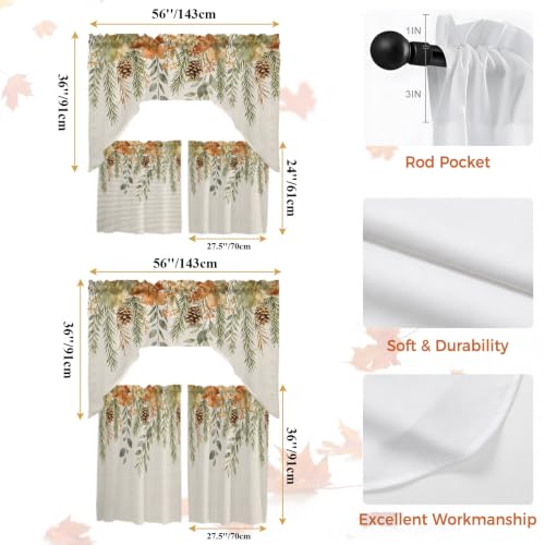 Fall Leaf Swag Kitchen Curtains Set - Beige, Sage Green, Cinnamon, Flax - 3 Pieces
