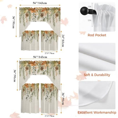 Fall Leaf Swag Kitchen Curtains Set - Beige, Sage Green, Cinnamon, Flax - 3 Pieces