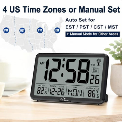 WallarGe Atomic Wall Clock with Backlit Indoor Outdoor Temperature
