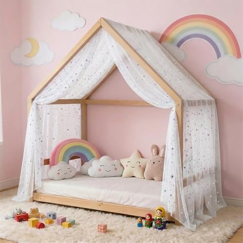 Kids Sheer Canopy Bed Curtains - Sparkly Star Tulle for House, Bunk & Toddler Bed, White, 59x197 Inches