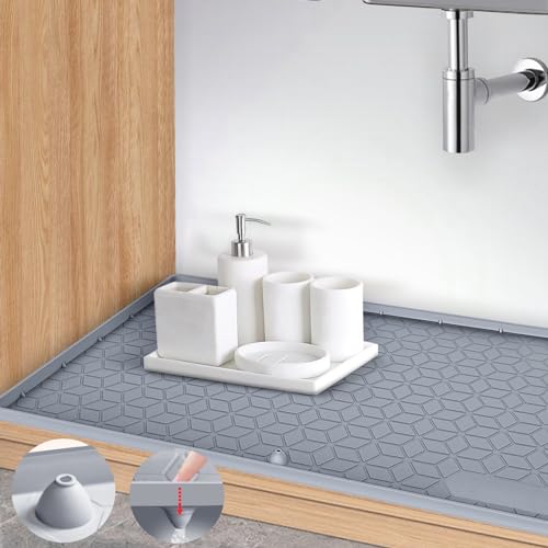 Under Sink Mat for Kitchen Waterproof, 34" x 22" Silicone Under Sink Tray with Drain Hole, Sink Protectors for Kitchen Cabinet Liner, Up to 3.3 Gallons Liquid Drip Tray (Grey, 34'' x 22'')