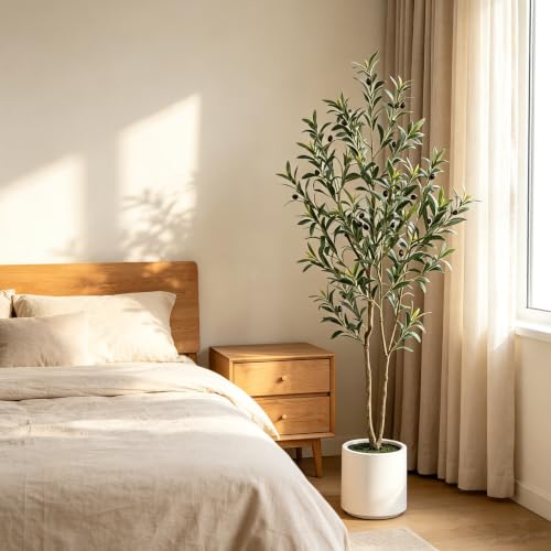 Artificial Olive Tree 5FT with White Planter - Faux Indoor Plant, Green