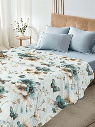 Twin Flat Sheet - Pale Blue-Green Floral Microfiber Bed Sheet for Twin Bed