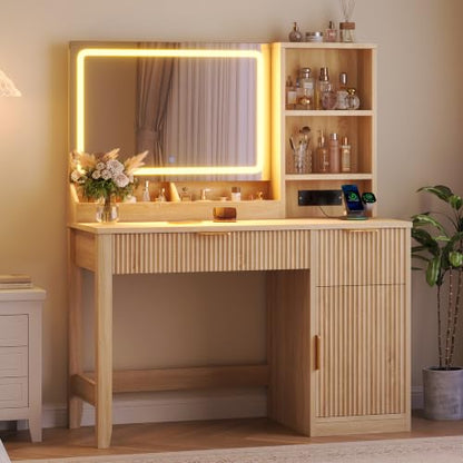 Fluted Vanity Desk with Mirror, LED Lights & Charging Station - Natural (Variation: Natural)