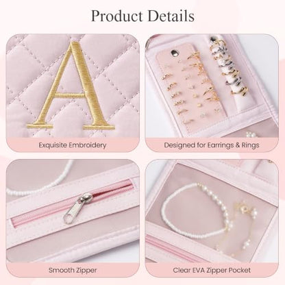 Travel Jewelry Organizer Roll for Women - Pink Initial Monogram, Compact & Portable