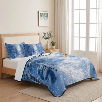 RisQiten Full Size Reversible Quilt Bedding Set with Snowman & Xmas Trees - White Blue, 3 Pieces