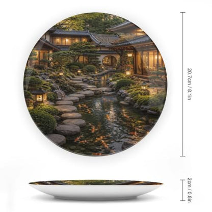 Night Japanese Garden Koi Pond Bone China Decorative Plate with Stand & Wall Hook - 8 Inch